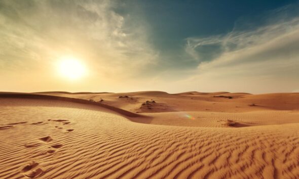 Veduta delle dune del deserto con il sole all'orizzonte