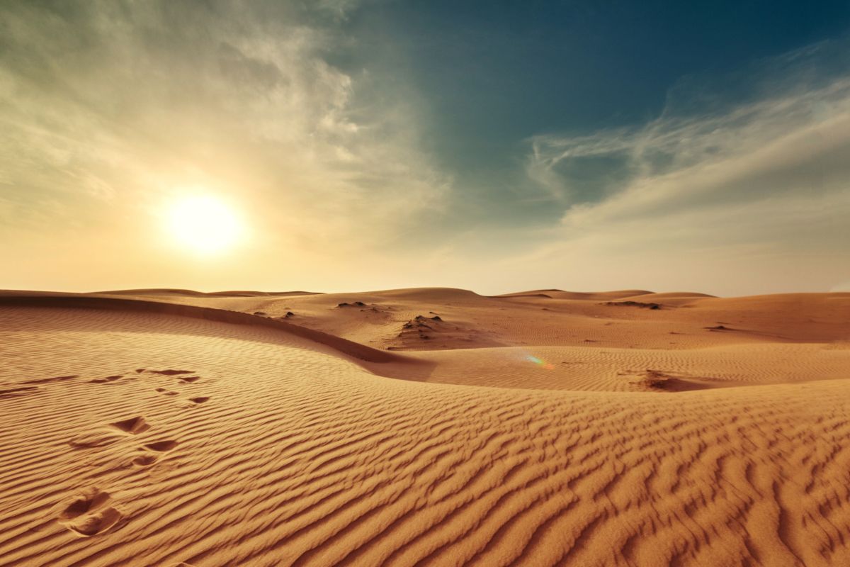 Veduta delle dune del deserto con il sole all'orizzonte