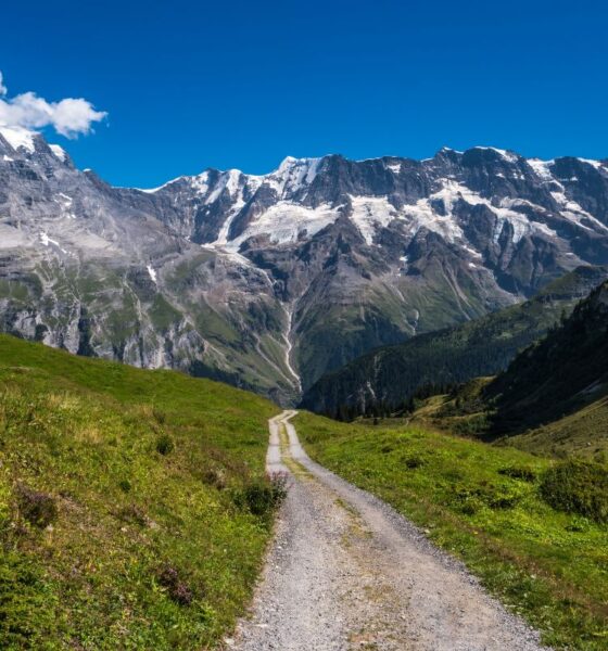 Sentiero di montagna con le cime delle Dolomiti sullo sfondo