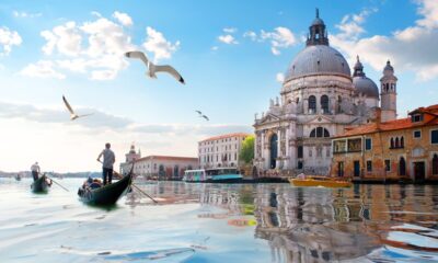 Gabbiani, gondole e antica cattedrale di Santa Maria della Salute a Venezia, Italia