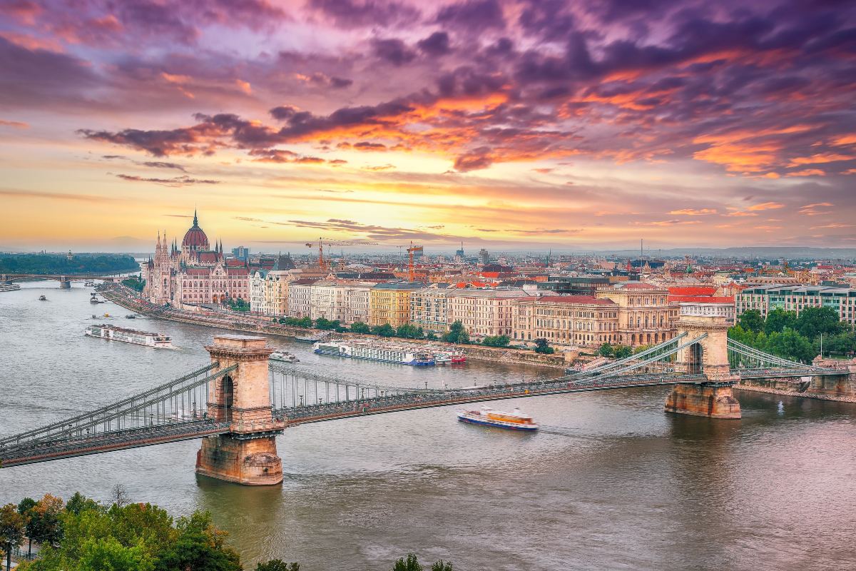 Panorama della città di Budapest al tramonto con il Ponte delle Catene in primo piano