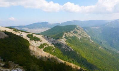 Cime di montagna con la tipica vegetazione con delle nuove nel cielo
