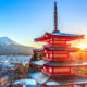 Tempio rosso giapponese in primo piano che da sulla vallata con sullo sfondo il Monte Fuji innevato